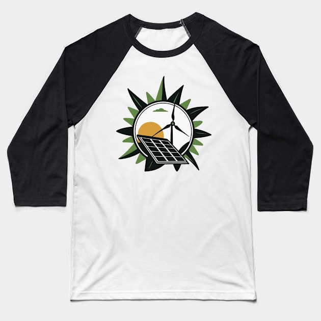 Support Renewable Energy with Our Cartoon Wind Turbine and Solar Panel Design Baseball T-Shirt by Greenbubble